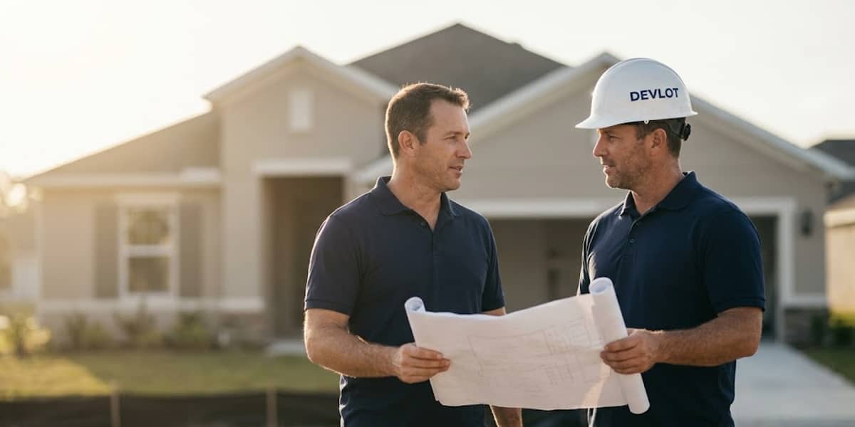 Two builders reviewing plans in front of a house under construction