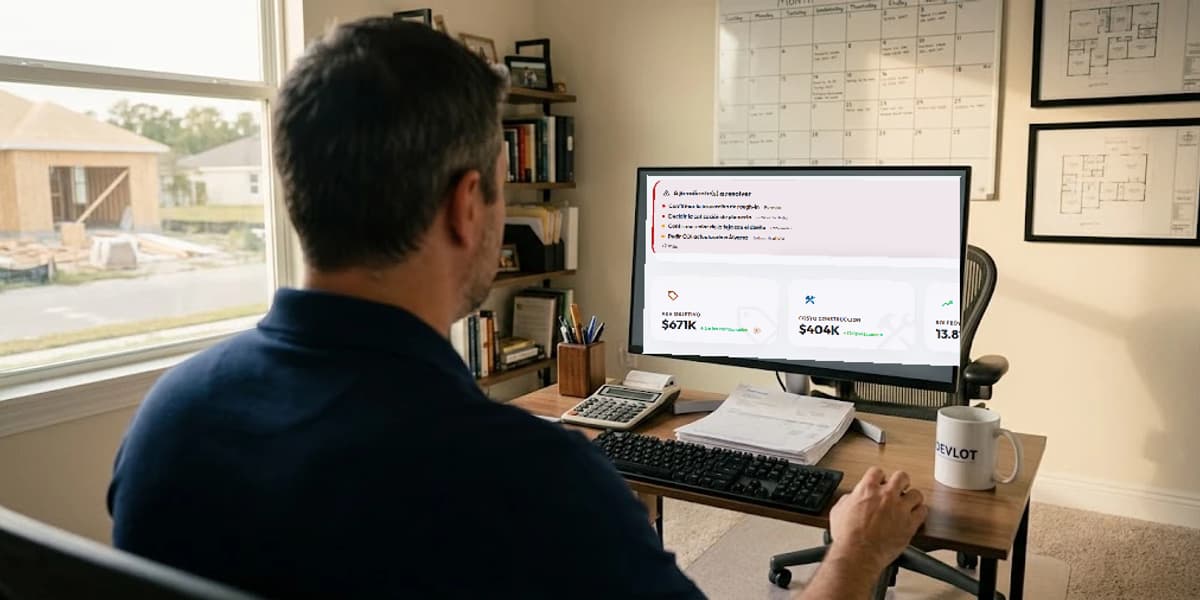 Builder in his office reviewing Devlot on the monitor