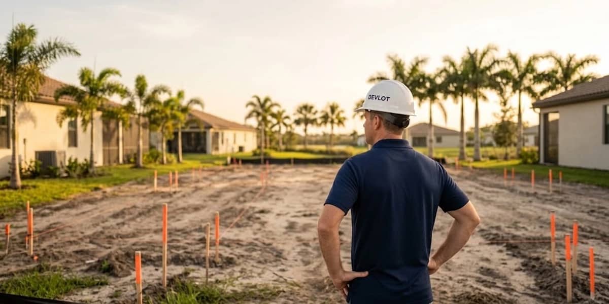 Builder seen from behind looking at a staked lot, with palm trees in the background