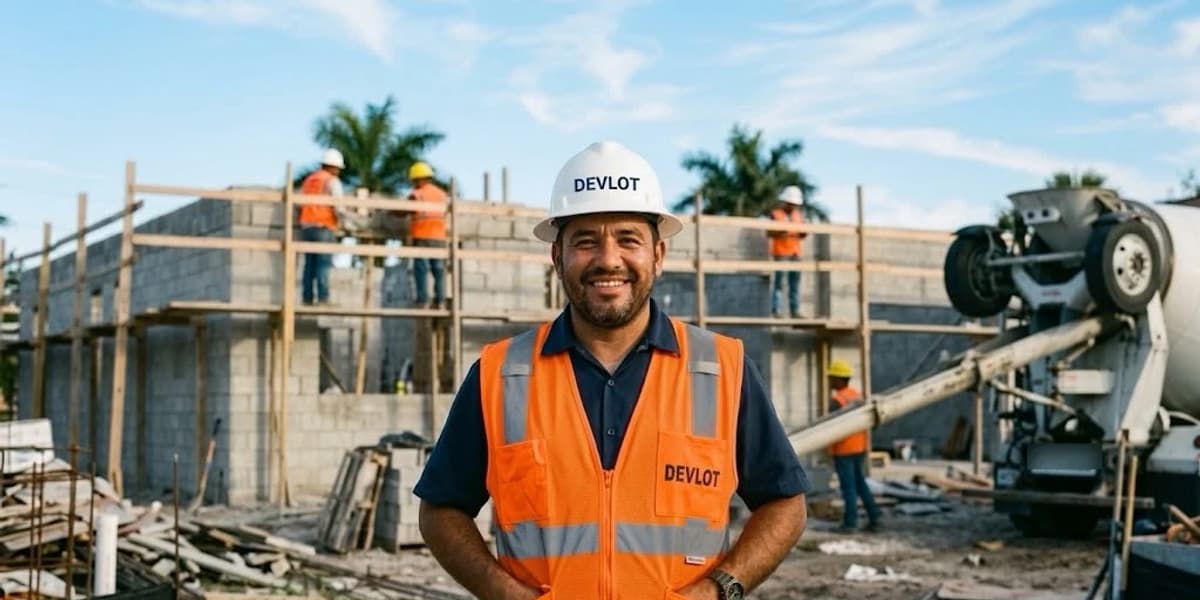 Smiling builder in an orange vest in front of a jobsite and a cement mixer