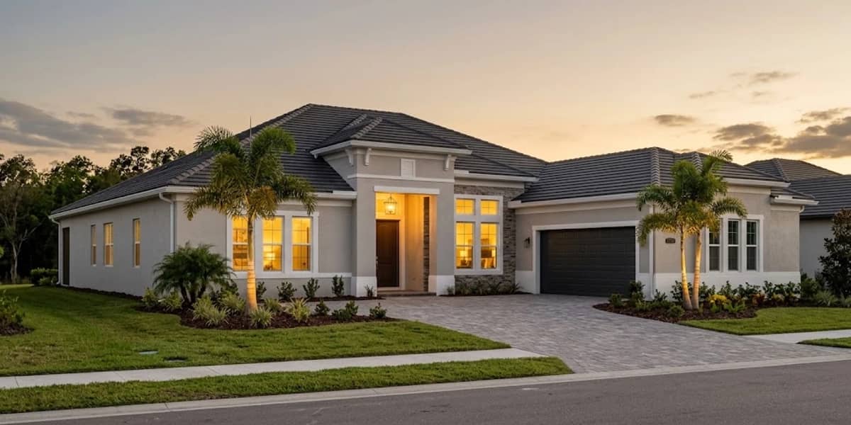 Finished single-story house at sunset